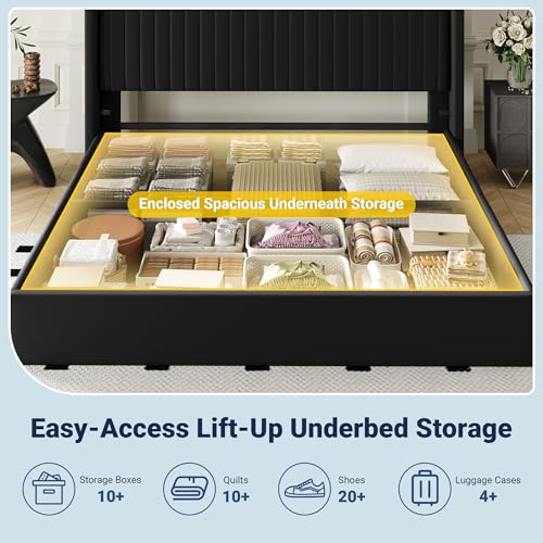 Image of Allewie King Size Lift Up Storage Bed Frame Channel Tufted Headboard Black