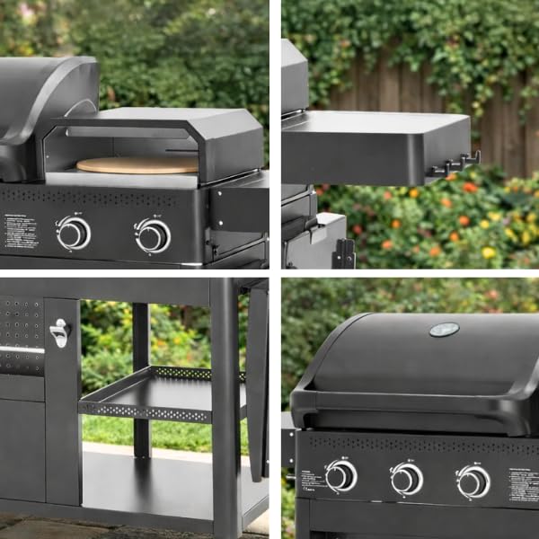 Cook'in Garden - Barbecue Gaz FLAMY, 3 en 1, Plancha + Four à Pizza + barbecue gaz 3 brûleurs, Grilles en fonte émaillée