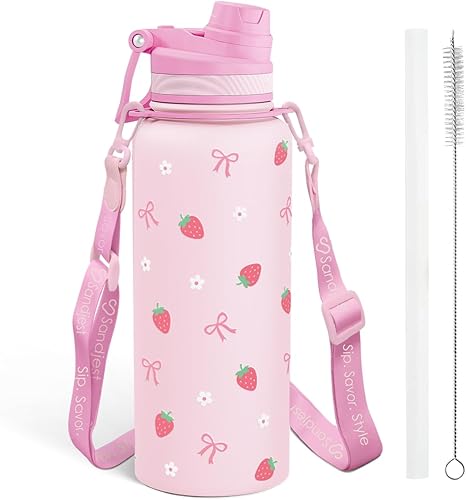 Miniatura 11 de SANDJEST Botella de agua de acero inoxidable con correa de 32 onzas, botellas aisladas con popote y tapa de boquilla para gimnasio, deportes, viajes