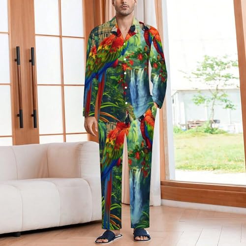 Landscape Parrot Bird Men Pajamas Set Sleepwear Long Sleeve Pajama Tops And Pants Loungewear PJS2