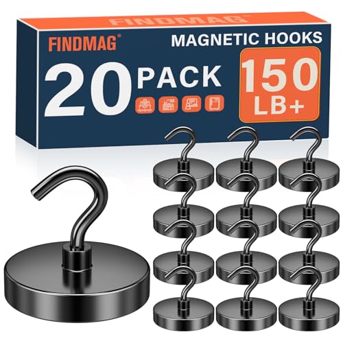 Image of FINDMAG 20 Pack Magnetic Hooks, 150LB+ Magnetic Hooks for Cruise Cabins | Strong Neodymium Magnet Hooks Heavy Duty for Refrigerator, Home, Ship, Cruise, Grill, Travel and Kitchen Use, Black