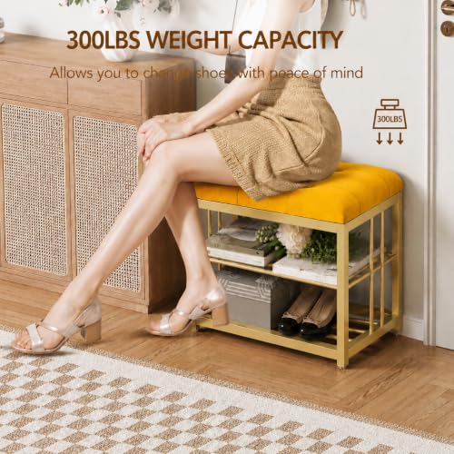 Image of Modern Shoe Rack: Covered Velvet Stool with a Cushioned Seat for Setting Stool, Space-Saving Wrought Iron Shoe Rack The Hallway, Bedroom, and Living Room -Yellow