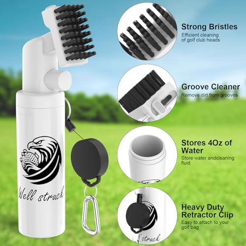 Pro Golf Club Cleaner - 4oz Water Bottle with Groove Cleaner and Retainer Clip, Durable Nylon Bristles for Easy Cleaning, Ergonomic Button Design, Golf Gifts for Men & Essential Accessories