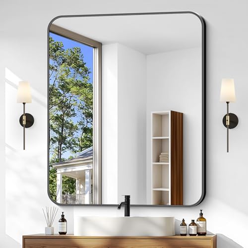 Image of Bathroom Mirror, 36 x 30 inch Metal Framed Black Rectangle Mirror, Rounded Corner Rectangular Vanity Mirror, Wall Mounted Mirror for Modern Bedroom Living Room Hangs Horizontal or Vertical