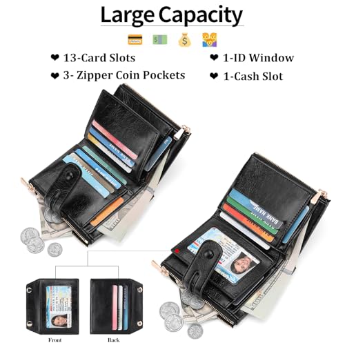 GAEKEAO Small Wallets for Women Leather RFID Blocking Bifold Double Zipper Coin Pocket Purse with Anti-Theft Chain2