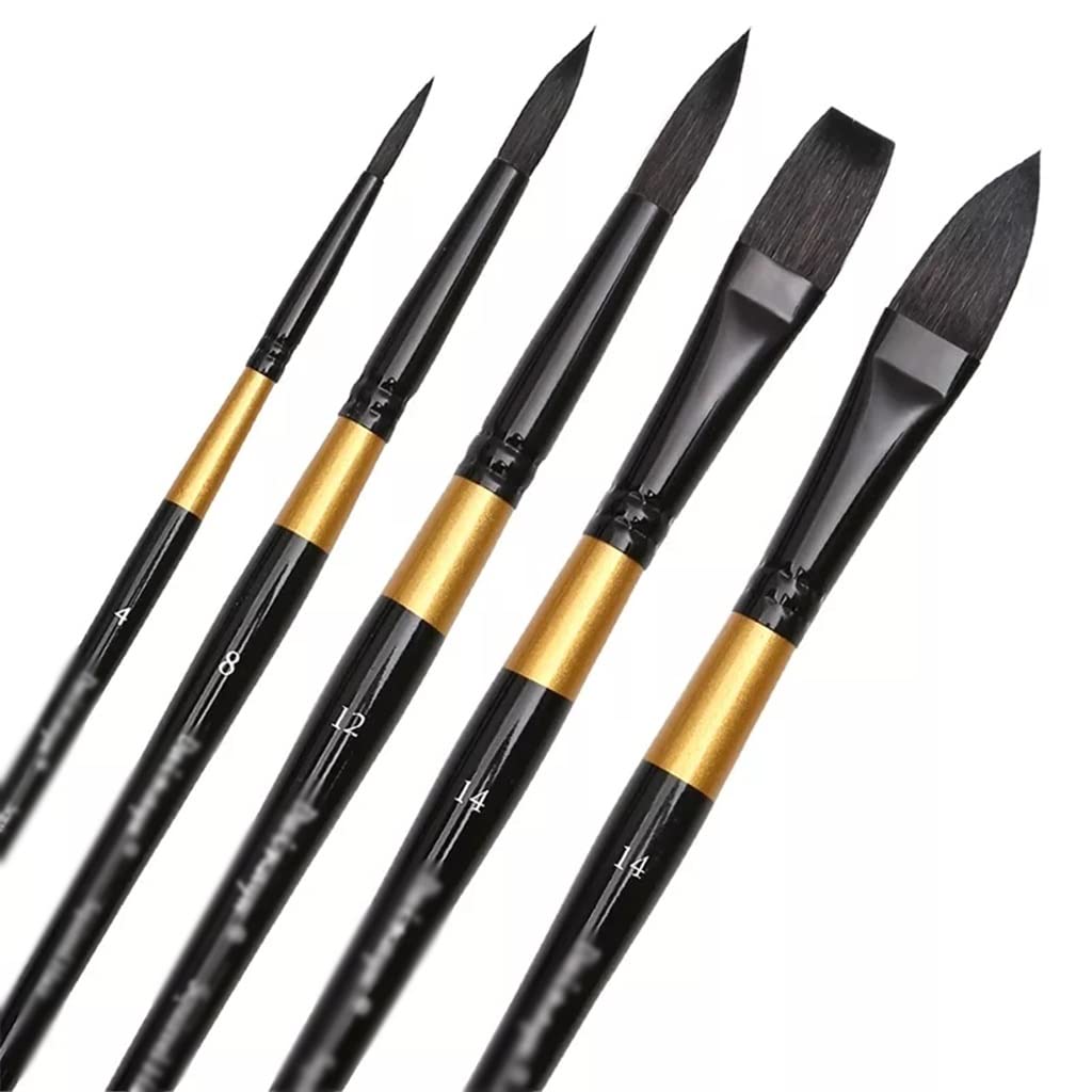 Juego de Pinceles de Acuarela con Pelo de Ardilla, Pinceles Profesionales para Acuarelas y Gouache, 5 Unidades
