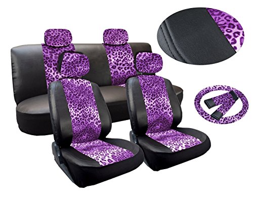 AutoSphere Leopard Purple Print Deluxe Leatherette 13pc Full Car Seat Cover Set Premium Synthetic Leather Double Stitched - Low Back Front Bucket Seats - Rear Bench - Steering Wheel Set - 4 Headrests