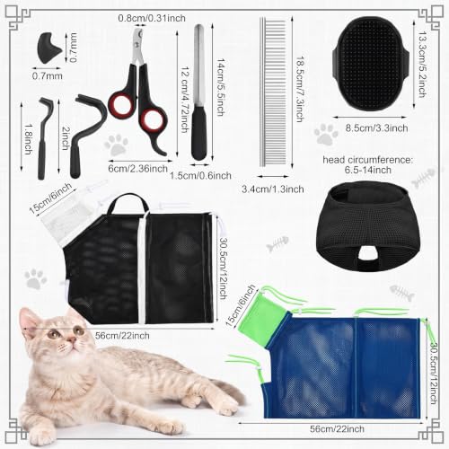 Image of 10 Pcs Cat Bathing Bag Set Pet Mesh Shower Bag Anti Bite and Scratch Pet Grooming for Washing Brush, Cat Muzzle, Nail Clipper, Nail File, Tick Tool (Black and Blue)