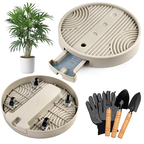 2 Pack Plant Caddy with Hidden Wheels 10 INCH, Heavy Duty Rolling Plant Stand, 360° Silent Plant Dolly for Indoor Outdoor Large Plant Pots, Flower Pots & Patio, W/ 3Pcs Fork & 1 Pair Gloves (Beige)