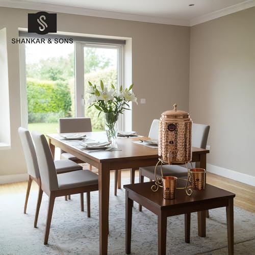 Image of SHANKAR & SONS 5 Litre Copper Water Dispenser Pot with Golden Iron Stand and 2 Glasses | Hammered Texture, Non-Toxic, BPA Free with Added Health Benefits Traditional Matka for Drinking Water