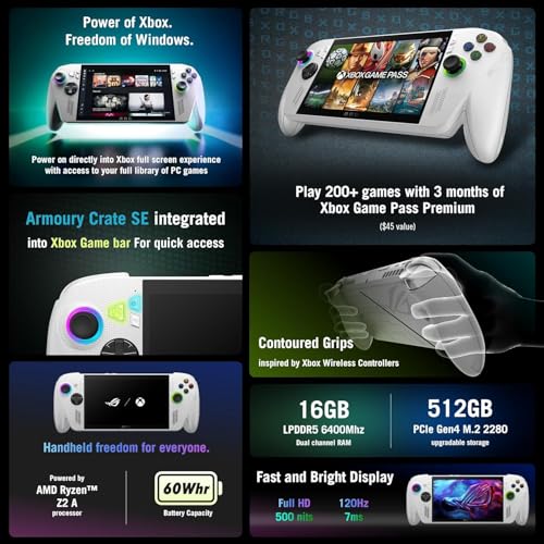 Image of ASUS ROG Ally 7 inch FHD 120Hz Gaming Handheld, AMD Ryzen Z2 A Processor, 16GB LPDDR5 RAM, 512GB PCIe SSD, Windows 11 Portable Gaming Console, Touchscreen, 128GB MicroSD Card, White