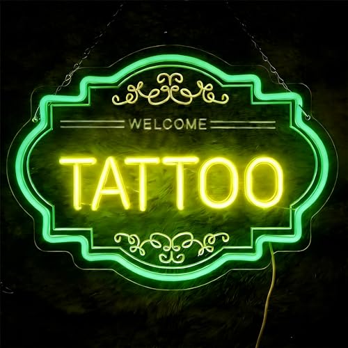 Image of Tattoo LED Neon Sign, 14 x 11 In Dimmable Light Up Wall Decor | USB Powered Dimmable Light up Tattoo Signs Decor for Bussiness Shop Studio & Salon, Gift for Artists, Include Hanging Chain