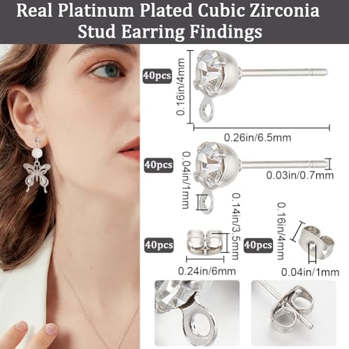 Beebeecraft 1 Box 40Pcs Platinum Plated Earring Findings Cubic Zirconia Post Stud Earrings with Loop and 40Pcs Butterfly Earring Backs for DIY Earring Jewellery Making - Image 2