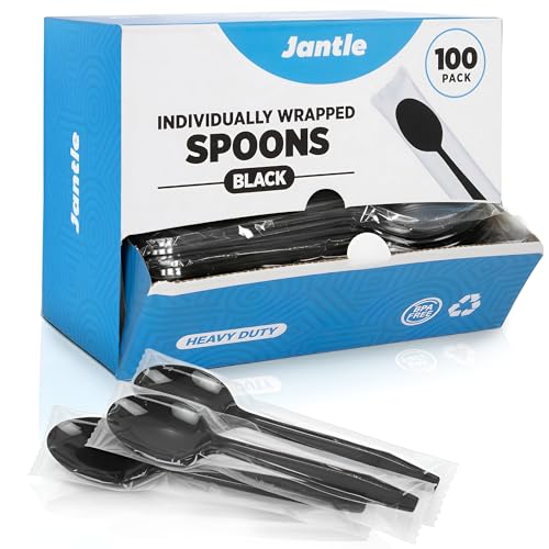 Individually Wrapped Heavy Duty Plastic Spoons with Dispenser Box Black Disposable Spoons 100 Pack - Disposable Utensils for Home Office Restaurant Catering To-Go Meals - 100 Count (Black)