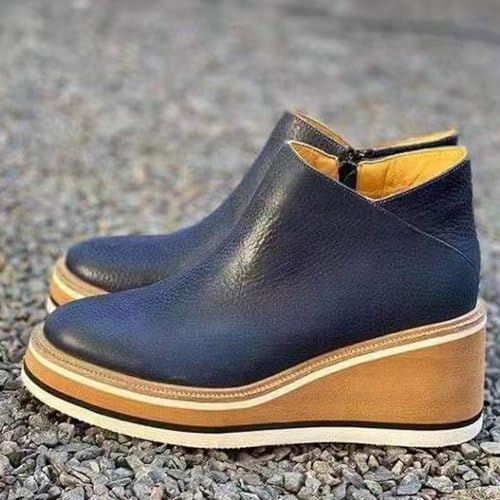 Women's Ankle Boots Casual Round Toe Leather Platform Wedge Booties Fall Winter Lightweight Comfortable Chunky Bottom High Heels Short Ankle Boot for Women4