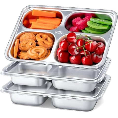 Stainless Steel Snack Containers with Lids - 3 Pack - 4 Compartments Bento Snack Boxes - Reusable Meal Prep Lunch Containers for Kids Adults - Divided Food Storage Containers for School Home Travel Cover