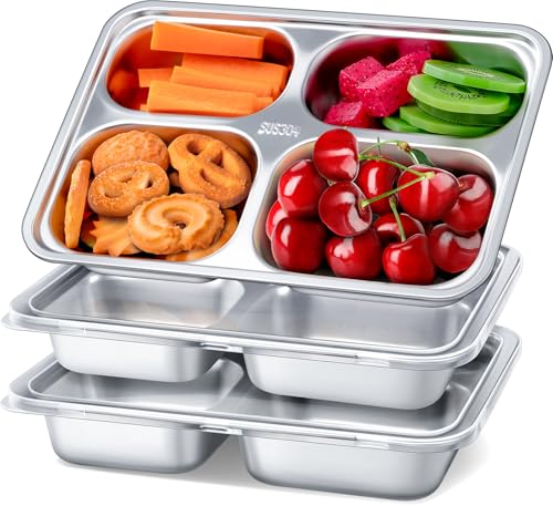 Stainless Steel Snack Containers with Lids - 3 Pack - 4 Compartments Bento Snack Boxes - Reusable Meal Prep Lunch Containers for Kids Adults - Divided Food Storage Container for School Home Travel