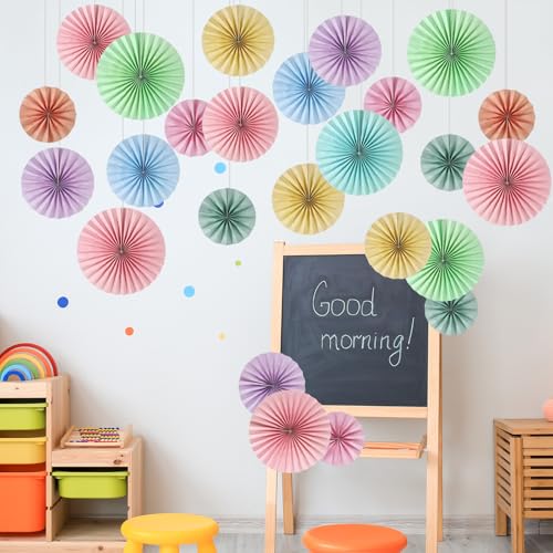 Image of 18 Pcs Pastel Hanging Paper Fans Decor Macaron Birthday Paper Fans Rainbow Ice Cream Garlands Bulletin Board Classroom Decorations for Party Supplies Classroom Decor