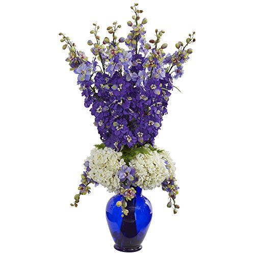 Nearly Natural Delphinium and Hydrangea - Jarrón artificial de seda, color morado