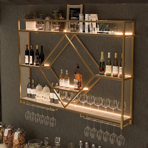 KK-GAL Bar Unit Floating Shelf, Wall-Mounted Wine Display Stand Rack, Wall Hanging Wine Glass Holder with LED Light, Large Capacity Floating Liquor Shelves, Home Mini Bar Storage Rack,A Gold 140cm