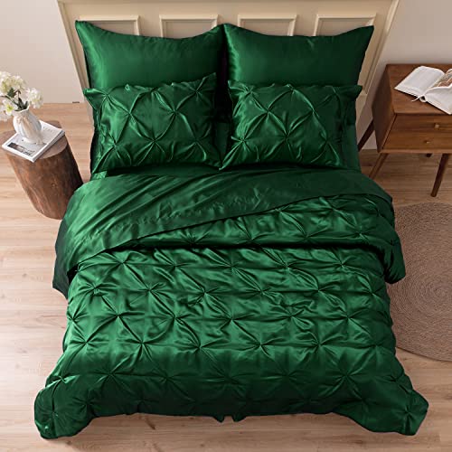 MR&HM Satin Comforter Full 7 Pieces - Luxurious Pinch Pleat Bedding Set with Comforter, Flat Sheet, Fitted Sheet, Pillowcases & Shams, Super Silky Soft Bed Set for All Season (Full, Dark Green)