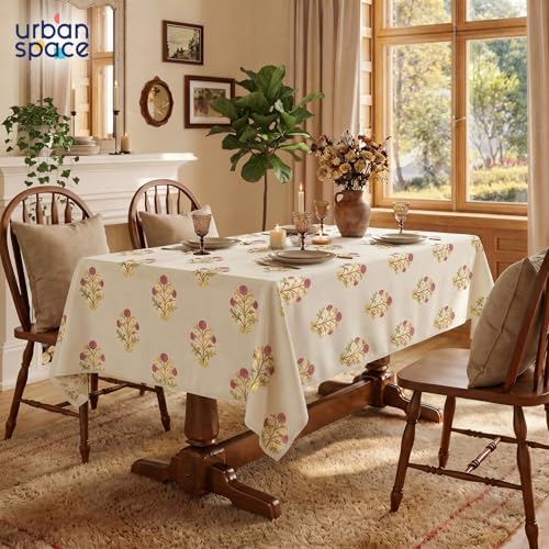 Image of Urban Space 100% Cotton Dining Table Cover for 6 Seater, Gold Foil Printed Cotton Table Cloth for Center Table, Dining Room Table Cover (Size 48 inch x 92 inch - 6 Seater, Zari Mohar Dusty Pink Gold)