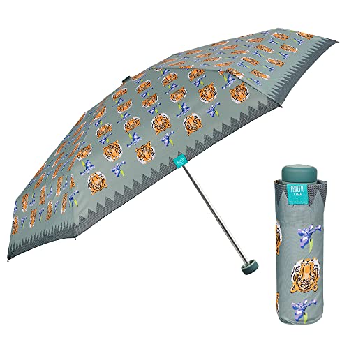 PERLETTI Parapluie Femme Pliant Ultra Mini Léger Imprimé Fleur et Tigre - Petit Parapluie Super Compact de Poche - Ombrelle Dame Ouverture Manuelle Coupe Vent - Diamètre 90 cm Time (Tigre Gris)