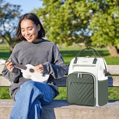 Image of VANKEAN Laptop Backpack for Women Fashion Computer Work Bag, Large Capacity Waterproof Backpack, College Daypack Business Travel, 15.6 Inch Beige-Army green