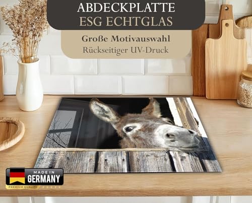 Herdabdeckplatte 60x52 cm ESG Glas | Lustiger Esel im Stall Bauernhof | Herd Abdeckung für Ceranfeld Schneidebrett Glasplatte Induktion