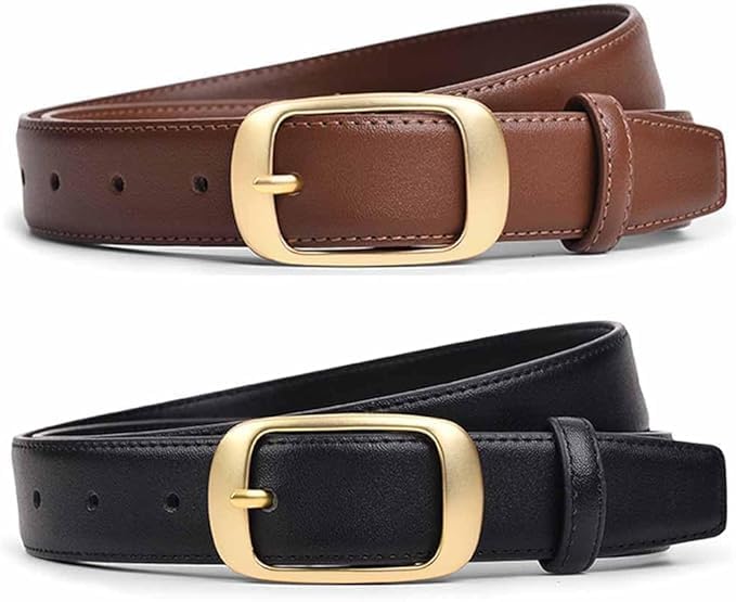 GeorgeX Cinturón para Mujer de Piel Genuina con Hebilla Metálica 2 Piezas de Cinturón de Mujer, Cinturón de Vestir Ajustado para Mujer para Jeans, Vestidos