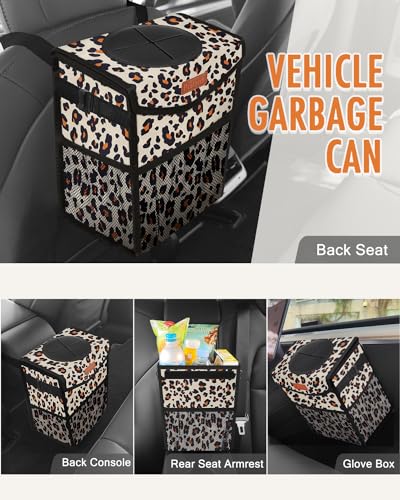 Image of Pritent Car Trash Can with Lid, Cute Leakproof Car Trash Garbage Bag Hanging Vehicle Trash Bin Small Portable Automotive Garbage Cans Organizer for Back /Front Seat(Trapezoid,Leopard