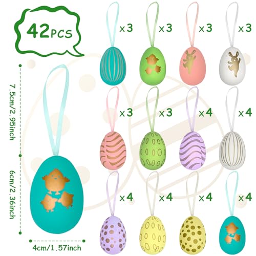 Crisgus 42x Ostereier zum Aufhängen, Bunte Ostereier Plastik, Osterdeko für Draußen,Easter Egg(6 cm * 4 cm) H