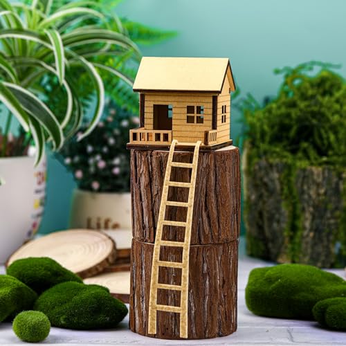 JULEASEL Mini Wooden Treehouse with Ladder – Plant Mini Treehouse, Miniature Flower Pot Tree House, Fairy Garden House, Rustic Log Cabin Desktop Ornament