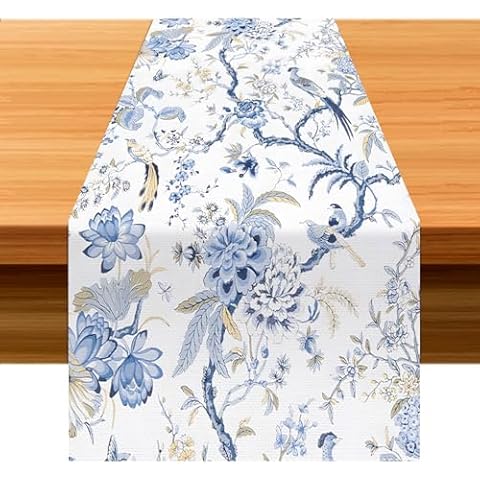 Fycyko Blue White Bird Flower Table Runner Cover