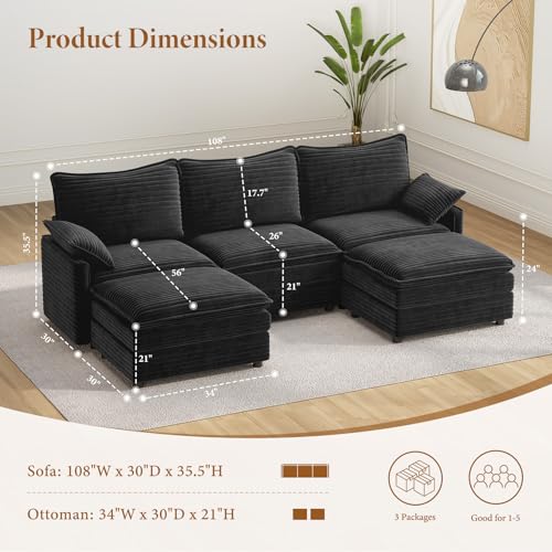 Image of Vesgantti 108 inch U Shaped Sectional Couch, Comfy Cloud Modular Sectional Sofa with 2 Ottoman Deep Seat Corduroy Modern Cloud Sofa, Modular Sofas for Living Room, Bedroom and Apartment, Gray