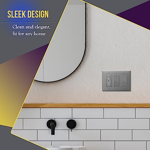 Image of ENERLITES Triple Decorator Switch Cover, Three Gang Outlet Wall Plate, Gloss Finish, Mid-Size 3-Gang 4.88 inch x 6.77 inch, Unbreakable Polycarbonate Thermoplastic, UL Listed, 8833M-GY, Gray