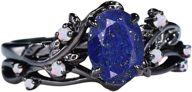 Elegant Oval Shape Lapis Lazuli Natural Gemstone Ring, Unique 2pcs Bridal 925 Sterling Silver Ring