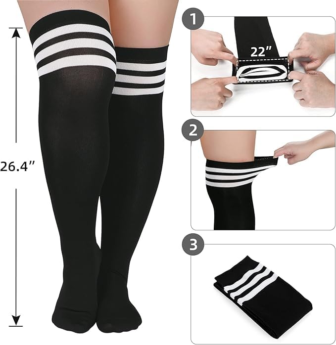 Image of Zando Women Plus Size Thigh High Stockings Over the Knee Thin Tube Socks Long Sport Tights Casual Striped Leg Warmers