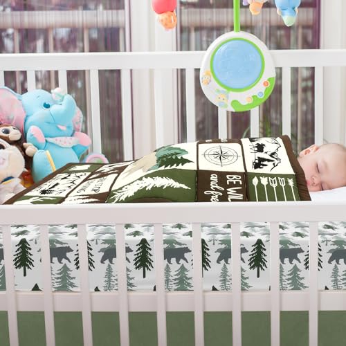 Image of Hahafelt 3 Pcs Woodland Crib Bedding Set for Boys, Green Elk Bear Baby Crib Sets for Newborn, Infant & Toddler Nursery Bed Set Decor with Fitted Sheet, Dust Ruffle, Comforter