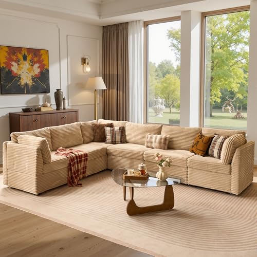 Image of ovios Modular Sectional Sofa Couch with V-Shape Chaise Convertible, Comfy Plush Corduroy Cloud Couches, Modern Luxury Deep Seat Sofas Set for Living Room, 6-Seater, Beige