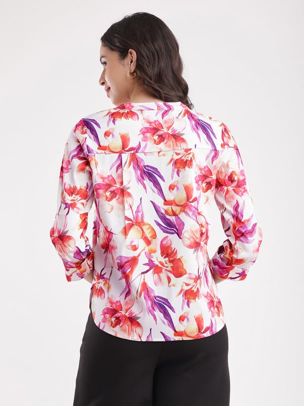 Image of FableStreet Women Shirt Work & Casual | Relaxed Fit Mandarin V-Neck Three-Quarter Sleeves Solid Pattern | Breathable Woven Fabric for Office & Everyday Wear