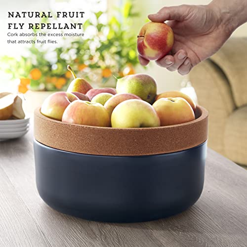 Image of Kamenstein Ceramic and Cork Large Breathable Produce Bowl with Lid to Naturally Extend Produce Freshness, Natural Cork and Black Ceramic