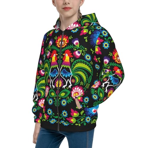 Roosters and Flowers Kid Hoodies Boys Zip Up Sweatshirts Girls Pullover with Pocket