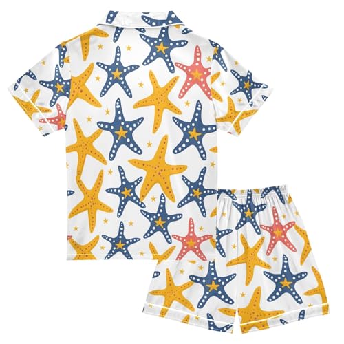 ALAZA Starfish White Yellow Blue Pajamas Satin Pajama Set Short Sleeve Button Down Sleepwear2
