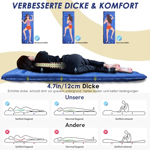 Arlierss Isomatte, 12CM Dicke Luftmatratze Camping mit Fußpresse Pumpe und Kissen, Anti-Ripstop Tragbar Schlafmatte Outdoor für Wandern, Reise, Strand-Blau