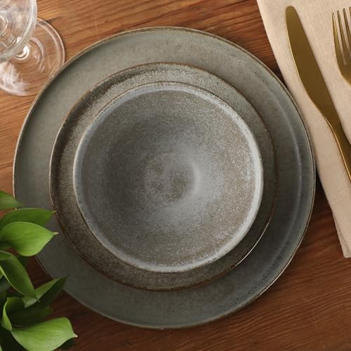 Image of Gibson Elite Coastal Forest Plates and Bowls Sets, 12-Piece Stoneware Dinnerware Sets, Triple Reactive Glaze Dish Set - Slate Grey
