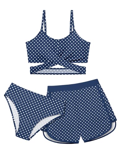 Image of Girls Swimsuit 3 Piece Bathing Suit Criss Cross Bikini Set Girls' Swimwear with Shorts 7-16T