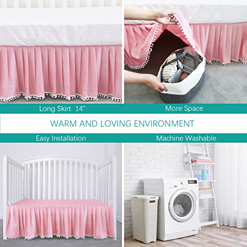 Image of Crib Skirt with Pompoms Pink, 14 inch Drop, Fits Standard Crib | 5-Sided Coverage, Pleated with Pompoms, Fade & Wrinkle Resistant, Machine Washable