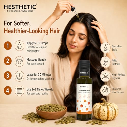 Image of HESTHETIC Cold Pressed Pumpkin Seed Oil 100ml for Hair, Scalp & Skin | Unrefined Virgin Beauty Oil Rich in Zinc & Plant Omega-6 | Glass Bottle | Hair-Thickening Scalp Massage