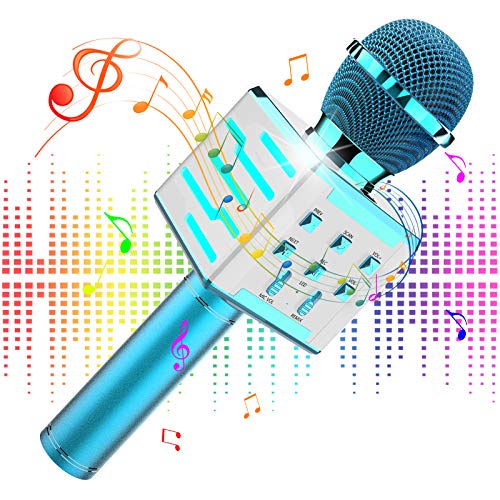 Micrófono de Karaoke Inalámbrico Bluetooth, 4 en 1 Portátil Recargable Micrófono de Karaoke con luces LED para Niños Canta Partido Musica Home Party, Compatible con PC/iPad/iPhone/Smartphone